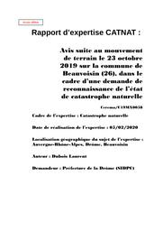 Rapport d’expertise CATNAT : Avis suite au mouvement de terrain le 23 octobre 2019 sur la commune de Beauvoisin (26), dans le cadre d’une demande de reconnaissance de l’état de catastrophe naturelle | DUBOIS, Laurent