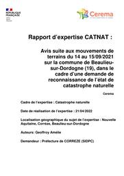 Rapport d'expertise CATNAT, Avis suite au mouvement de terrain du 14 au 15/09/2021 sur la commune de Beaulieu-sur-Dordogne (19), dans le cadre d'une demande de reconnaissance de l'état de catastrophe naturelle | GEOFFROY, Amélie