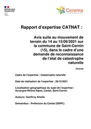Rapport d'expertise CATNAT, Avis suite au mouvement de terrain du 14 au 15/09/2021 sur la commune de Saint-Cernin (15), dans le cadre d'une demande de reconnaissance de l'état de catastrophe naturelle | GEOFFROY, Amelie