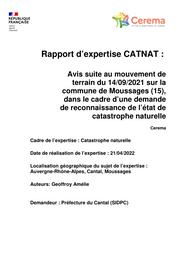 Rapport d'expertise CATNAT, Avis suite au mouvement de terrain du 14/09/2021 sur la commune de Moussages (15), dans le cadre d'une demande de reconnaissance de l'état de catastrophe naturelle | GEOFFROY, Amelie