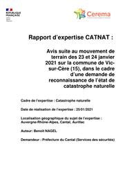 Rapport d'expertise CATNAT, Avis suite au mouvement de terrain du 23 au 24 janvier 2021 sur la commune de Vic-sur-Cère (15), dans le cadre d'une demande de reconnaissance de l'état de catastrophe naturelle | NAGEL, Benoît