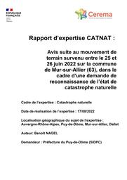 Rapport d'expertise CATNAT, Avis suite au mouvement de terrain du25 et 26 juin 2022 sur la commune de Mur-sur-Allier (63), dans le cadre d'une demande de reconnaissance de l'état de catastrophe naturelle | NAGEL, Benoît