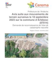 Avis suite aux mouvements de terrain survenus le 18 septembre 2023 sur la commune d’Arlebosc (07014) - Demande de reconnaissance de l’état de catastrophe naturellee | DUBOIS, Laurent