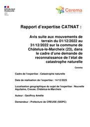 Rapport d'expertise CATNAT. Avis suite au mouvement de terrain survenu du 01/12/1022 au 31/12/2022 sur la commune de Châtelus-le-Marcheix (23), dans le cadre d'une demande de reconnaissance de l'état de catastrophe naturelle | GEOFFROY, Amélie